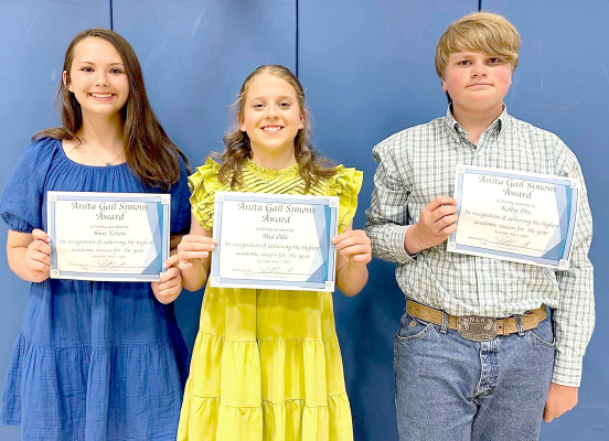 THIS YEAR’S ANITA GALE SIMONS AWARD, which goes to the top student(s) in the eighth grade class, was awarded to Shae Yohon, Mia Odle and Kolby Dix. The students were honored during 8th-Grade Recognition night on May 1.