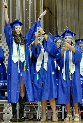 TIME TO CELEBRATE! Members of the Stockton High School Class of 2023 celebrate with confetti after the official turning of their tassels at Commencement Exercises last Saturday afternoon. From left are: Cappi Hoeting, Taigen Kerr, Elizabeth Busonic (in back) and Delanee Bedore.