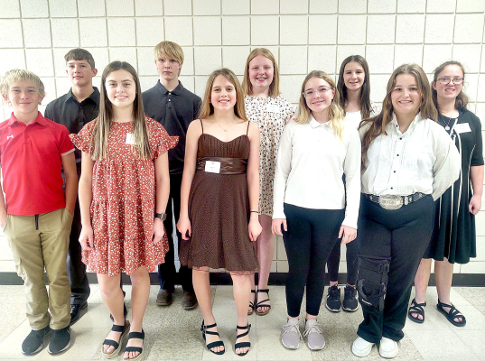 THE STOCKTON JUNIOR HIGH HONOR CHOIR posed for a picture at the KMEA Mini Concert on Saturday November 5th. They are (front row, from left): Camille Lowry, Mia Odle, Sierra Jackson; (back row, from left) Lincoln Keller, Pierce Gray and Brenna Odle. Not pictured: Shae Yohon, Isaac Thayer and Christine Jurgens.