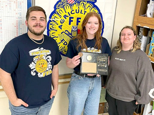 THE FFA NURSERY AND LANDSCAPE CONTEST TEAM placed second out of fourteen teams at the Colby FFA competition on Wednesday, April 10th. Pictured with their rankings are Rachel Dryden (14th place), Raegan Shepherd (5th place), and Piper Creighton (13th place.)