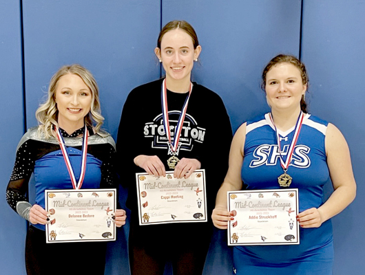 SHS SENIORS DELANEE BEDORE, CAPPI HOETING, AND ADDIE STRUCKHOFF were recently named to the 2022-23 Mid-Continent League All-Academic Team for their high GPA and involvement in a number of activities. The ladies were presented with their certificates at halftime of the Stockton vs. Ellis boys basketball game.