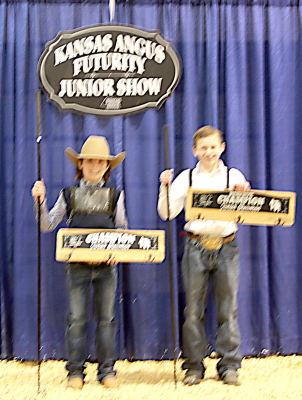 THESE YOUNG ANGUS ENTHUSIASTS won top honors in the junior showmanship division at the 2024 Kansas Angus Association Futurity Junior Show, Jan. 21 in Hutchinson, Kan. Pictured from left are Eli Atkisson, Stockton, Kan., champion; and Colby Brunker, Ottawa, Kan., reserve champion. Photo by Jeff Mafi, American Angus Association