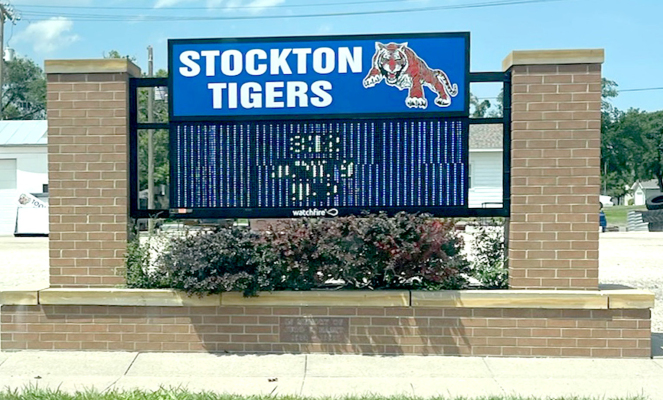 THE NEW DIGITAL STOCKTON SCHOOL SIGN was installed on Friday, June 9th. The sign was made possible by grants and donations from the William H. Andreson Charitable Trust, the Endowment Foundation, and the Stockton Lions Club.