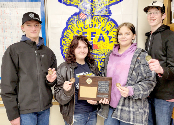 CONGRATULATIONS TO THE STOCKTON FFA MEATS JUDGING TEAMS on winning their divisions at the 2023 Northwest District Meats Contest in Grinnell on Saturday, February 4th. Medalists in the Greenhand Division were Kagan Dix (fifth place), Piper Creighton (fourth place), Paytyn McNulty (third place), and Jack Gasper (first place).