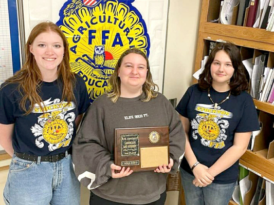 THE STOCKTON FFA FLORICULTURE CONTEST TEAM placed third out of eighteen teams at the contest held in Colby on Wednesday, April 10th. Pictured with their rankings are Jaxon Dunlap (11th place), Rachel Dryden (10th place and receiving a medal), and Raegan Shepherd (12th place).