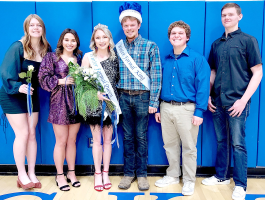 THE KAY WINTER FORMAL CROWNING was held on Tuesday, January 24th, during a pep rally in the SHS Gym. Pictured are the Royalty Court (from left): Elizabeth Busonic, Taigen Kerr, Queen Delanee Bedore, King Colton Williams, Chevy Bouchey, and Dylan Baxter.