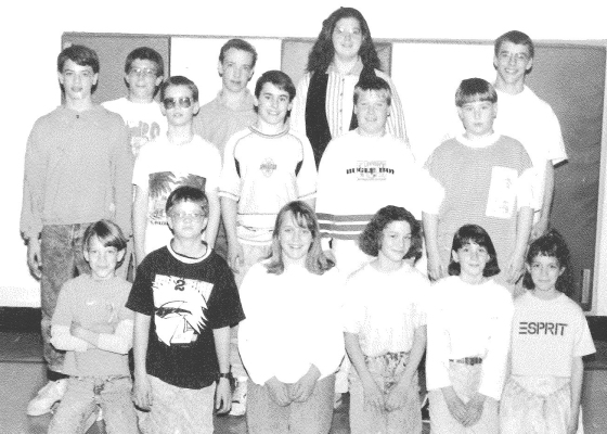 THE STOCKTON JUNIOR HIGH MATH WHIZZES had done very well at a recent contest in March 1991. Pictured were (front row, from left): Uriah Price, Seth Ross, Holly Bigge, Jada Krob, Stacey Steeples, Shelly Lewis; (middle row) Matt McShea, Jamie Vermillion, Israel Jirak, Travis Jenkins, Cody Foster; (back row) Adam Glendening, Matt Moll, Marissa Haines and Toby Wood.