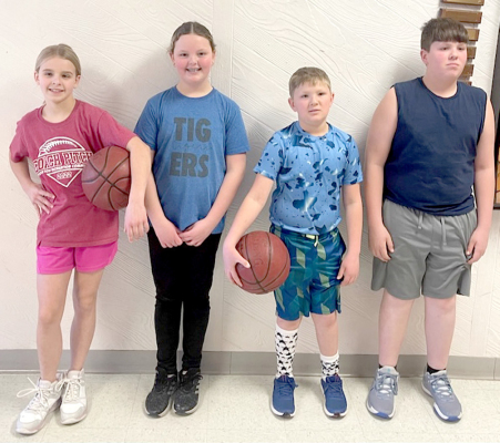 REPRESENTING STOCKTON at the Regional K of C Free Throw Contest in Quinter on Sunday, February 18th, after winning at District in their age groups were (from left): Makinley Riener (second place), Tessa Look (tied for third), Grayson Mongeau, and Garrison Mongeau (third place). Kolt Kuhlmann could not attend the event, but was a District winner.
