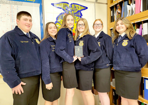 THE STOCKTON FFA OFFICER TEAM consisting of Ryan Mongeau, Bodye Stithem, Cappi Hoeting, Brin Muir, Rachel Dryden and Rivver Long placed second at the Northwest District Ritual Contest on November 29th in Colby. Brin Muir was named Master Ritual Secretary. The team has qualified for State in Manhattan at the end of May for the third straight year.