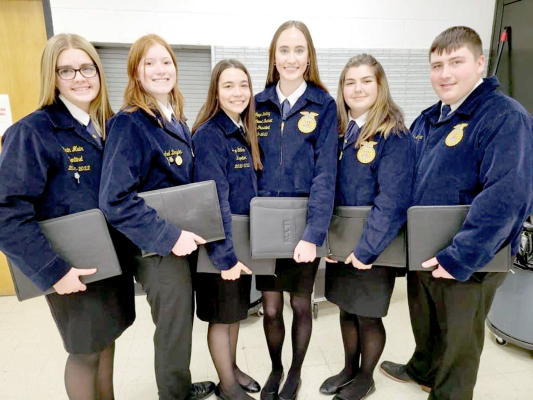 THE STOCKTON FFA JOB INTERVIEW TEAM placed first at the 2023 Northwest District Sales and Job Interview Contest held in Atwood on Thursday, January 12th. Pictured are (from left): Brin Muir, Rachel Dryden, Boyde Stithem, Cappi Hoeting (fifth individual), Rivver Long (seventh individual), and Ryan Mongeau (ninth individual).