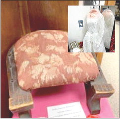 WILLIAM WIDMAN carved this footstool for his love, Otilia Koehler. The two married in 1891 and lived in Plainville, where William worked as a wood carver. The inset is a picture of Otilia’s wedding dress.