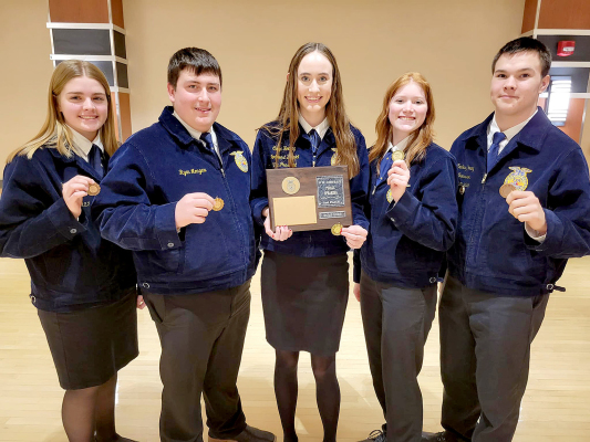 THE STOCKTON FFA placed second at the 2023 Northwest District Speech Contest held on Thursday, February 9th, in Hays. Pictured are Brin Muir (fifth place in Division II), Ryan Mongeau (fourth place in Division II), Cappi Hoeting (first place and state qualifier in Division IV), Rachel Dryden (first place in Division III), and Zach Young (fifth place in Division III). Not pictured is Bodye Stithem (sixth place in Division II).