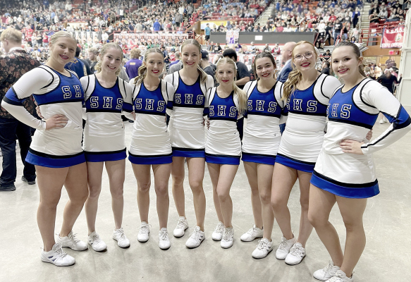 THE STOCKTON HIGH SCHOOL CHEER SQUAD gathered for a picture prior to their stunt-filled performance at the 4-1A State Wrestling Championships which were held at the Tony’s Pizza Event Center in Salina. Pictured from left are: Karleigh Horn, Temprance Northup, Claire Plumer, Ava Dix, Saj Snyder, Bodye Stithem, Ella Snyder and Shae Yohon. The ladies are coached by Bobbi Basart.