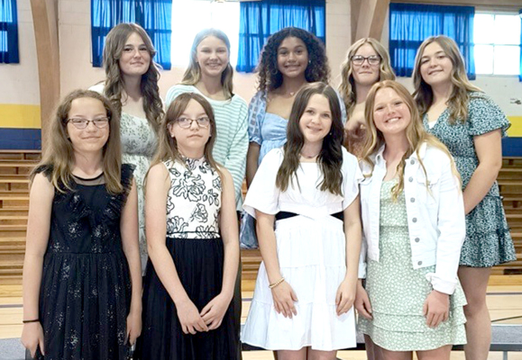 THE SEVENTH-GRADE GIRLS ENSEMBLE sang the song “The Dream Keeper,” text by Langston Hughes, and music by Rollo Dilworth, at the recent PTL Music Contest.They received a II Rating for their performance. Pictured are (from row) Kaylee Jackson, Jade Jackson, Faith Armstrong, McKenna Horn; (back row) Brooklyn Couse, Lyllyn McNulty, Adrienne McCoy, Kinley Kester, and Blayke Stithem. (Courtesy Photo)