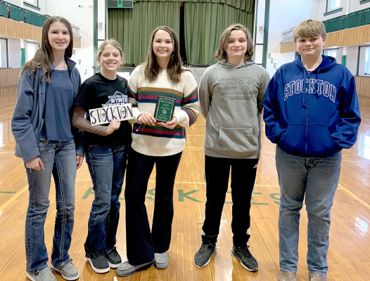 THE STOCKTON JUNIOR HIGH SCHOLARS BOWL TEAM competed in Northern Valley on Thursday, February 23rd. The “A” team placed third in the competition. They are (from left): Meredith Gasper, Mia Odle, Shae Yohon, Wesley Toll, and Kolby Dix. Great Job!