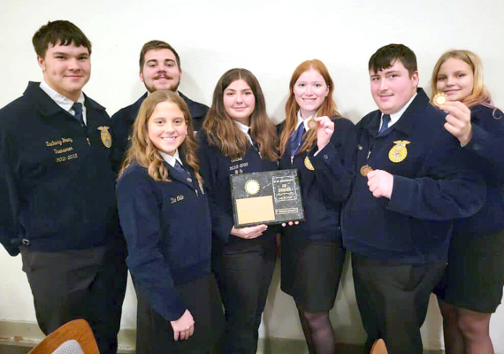 THE STOCKTON FFA JOB INTERVIEW TEAM placed first at the recent Northwest District Job Interview Contest in Osborn. Ryan Mongeau placed fifth individually, Rachel Dryden placed ninth individual, Paytyn McNulty placed tenth, and Rivver Long placed eleventh. Pictured are Zach Young, Jaxon Dunlap, Mia Odle, Rivver Long, Rachel Dryden, Ryan Mongeau, and Paytyn McNulty.