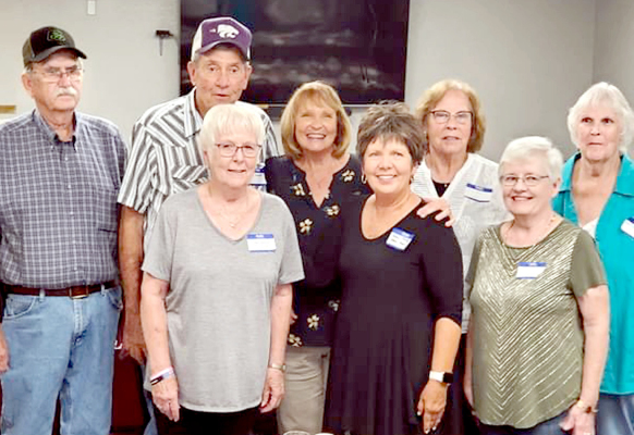 THE WOODSTON RURAL HIGH SCHOOL CLASS OF 1968 celebrated its 55th class reunion on Saturday, August 5, at Meridy’s Restaurant in Russell. Classmates attending were: front row, from left: Diana Hoar Luhman, Edna Gail Anderson Porter, and Kathy Welker Couch; back row, from left: Ron Keirns, Ray Luhman, Aneta Noble Boyle, Janie Melton Hieger, and Lucille Dibble.