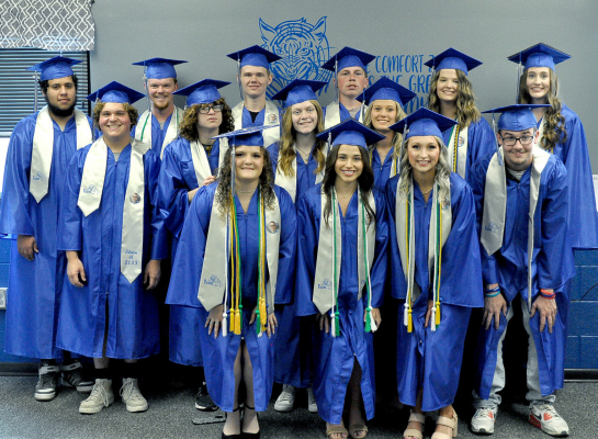 STOCKTON HIGH SCHOOL’S CLASS OF 2023 pose for a group picture prior to receiving their diplomas on May 13. They are, front row, from left: Addie Struckhoff, Taigen Kerr, Delanee Bedore and Landon Hemphill; middle row: Chevy Bouchey, Jake Benavides, Elizabeth Busonic and Missy Ard; and back row: Daniel Holinde, Colton Williams, Dylan Baxter, Skylar King, Tierra Yohon and Cappi Hoeting.