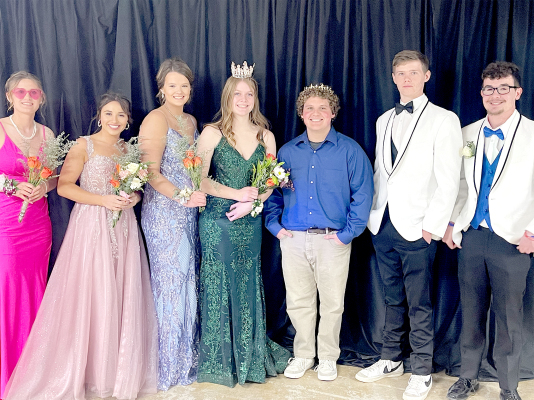 The SHS Prom royalty court presided over the black-tie event on Saturday, April 1st. Pictured are (from left): Missy Art, Taigen Kerr, Tierra Yohon, Queen Elizabeth Busonic, King Chevy Bouchey, Dylan Baxter, and Landon Hemphill.