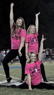 SHS SENIORS and Striders Tiara Yohon and Delanee Bedore (both standing) performed their last football dance routine on Friday, October 21st. Also pictured is Strider Claire Plumer, a junior.