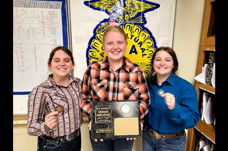 CONGRATULATIONS to the Stockton FFA Greenhand Horse Judging team in placing first out of sixteen teams at the recent competition in Colby. Pictured are Mia Odle (third place), Brenna Odle (26th place), and Skylar Amlong (second place).