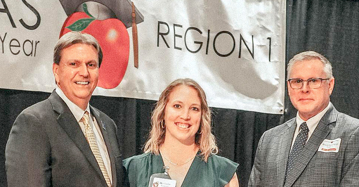 TEACHER MICHELLE TOWERY was selected as Stockton’s 2025 Kansas Secondary Teacher of the Year. She was celebrated with the other nominees from Region 1 on Saturday, April 6th, in Salina.Towery is pictured with Dr. Watson, Commissioner, and Brad Downard from Security Benefit. (Courtesy Photo)